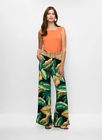 Pleated Cap Sleeve Top & Leaf Print Pants