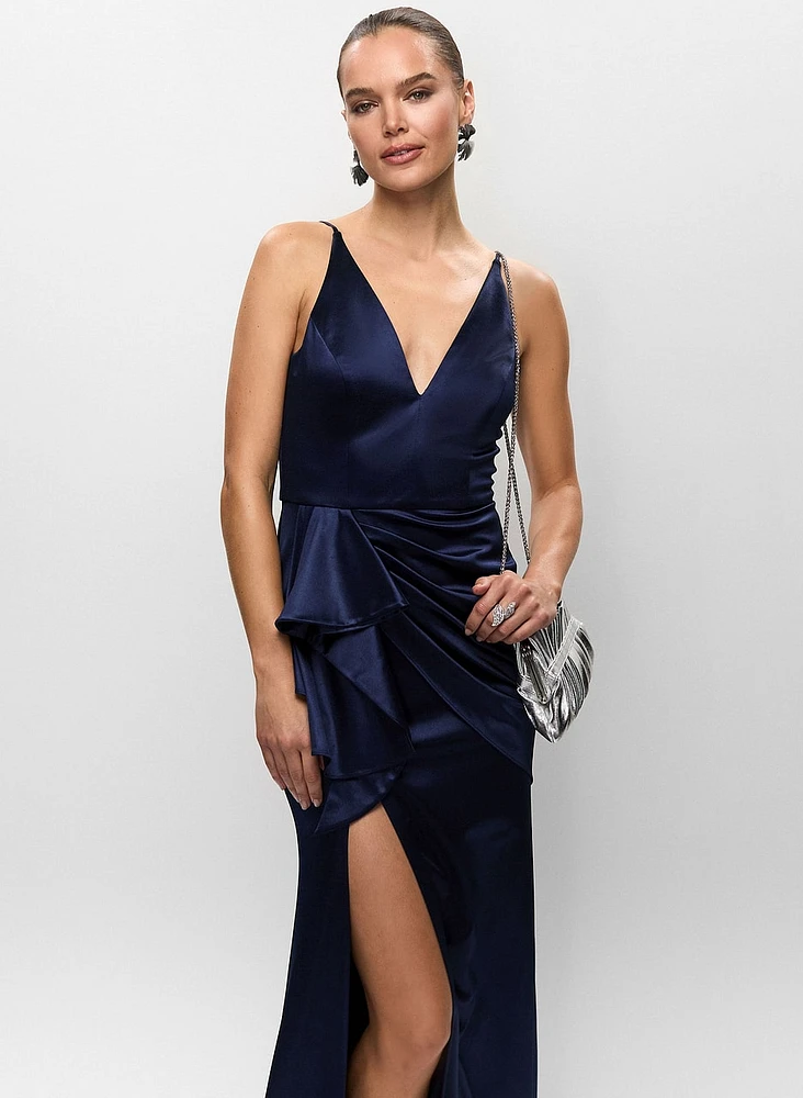 V-Neck Satin Flounce Dress