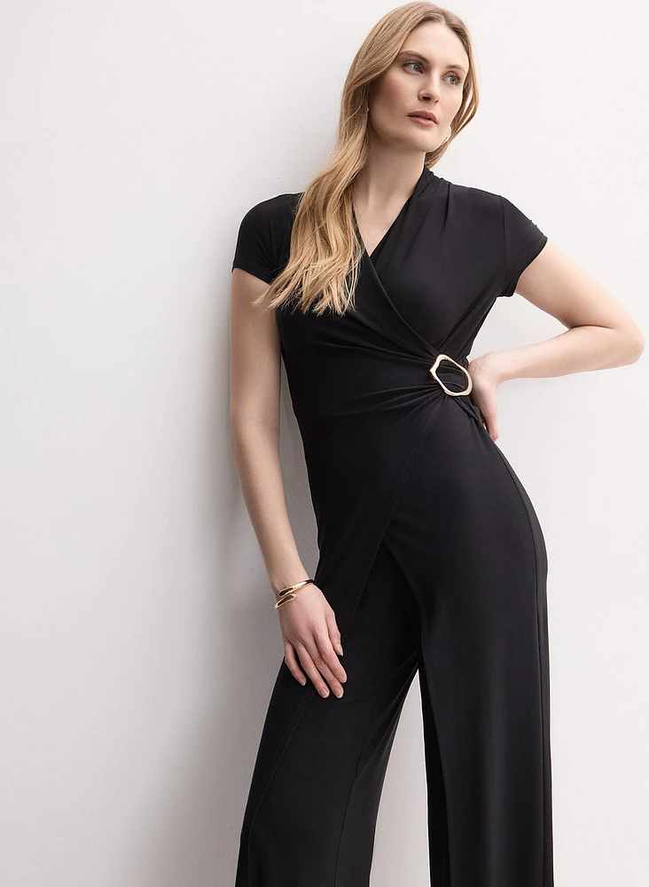 Brooch Embellished Wrap-Over Jumpsuit