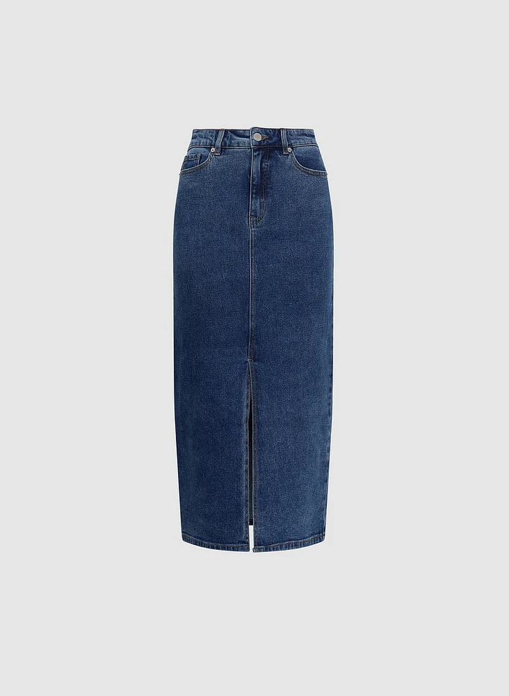 Front Slit Long Denim Skirt