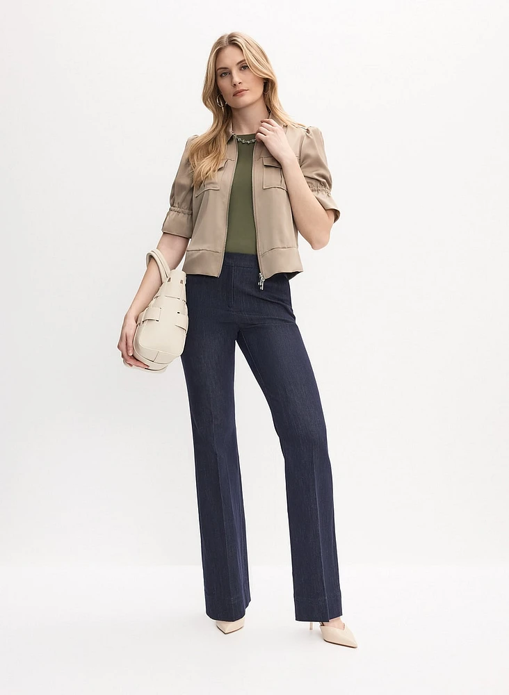 Short Sleeve Jacket & Flare-Leg Denim Pants