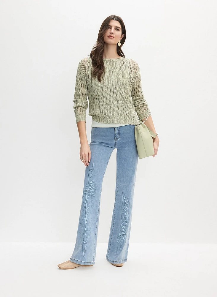 Open Knit Sweater & Embroidered Wide-Leg Jeans