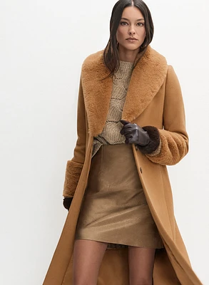 Wool-Blend Faux Fur Collar Coat