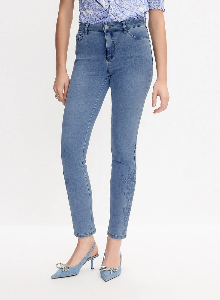 Tonal Embroidered Straight-Leg Jeans