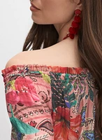 Mixed Print Off-Shoulder Blouse