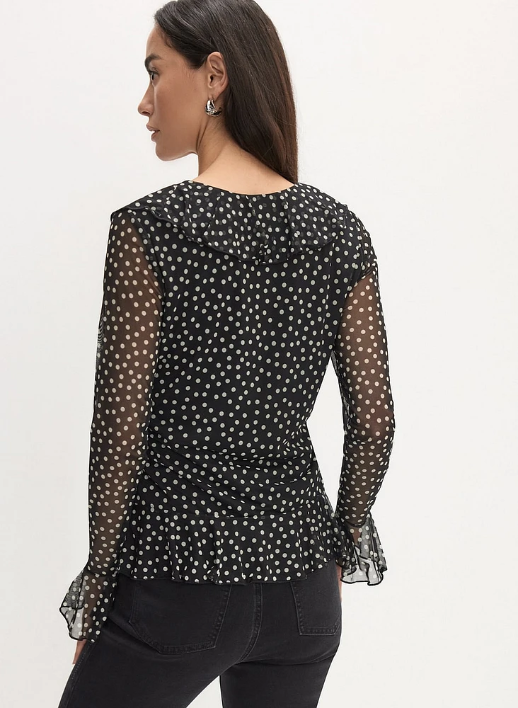 Dot Print Ruffle Front Top