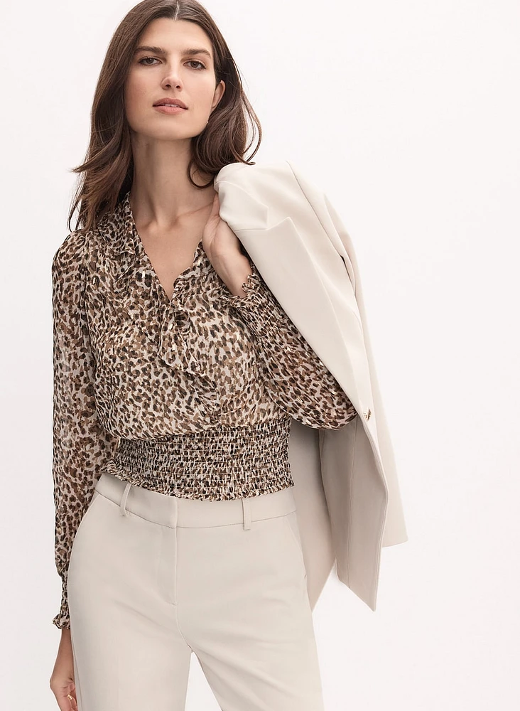 Animal Print Ruffle Front Blouse