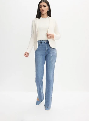 Notch Collar Cardigan & Rhinestone Embellished Jeans