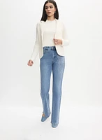 Notch Collar Cardigan & Rhinestone Embellished Jeans