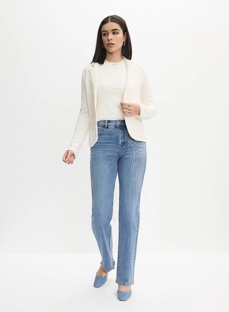 Notch Collar Cardigan & Rhinestone Embellished Jeans