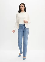 Notch Collar Cardigan & Rhinestone Embellished Jeans