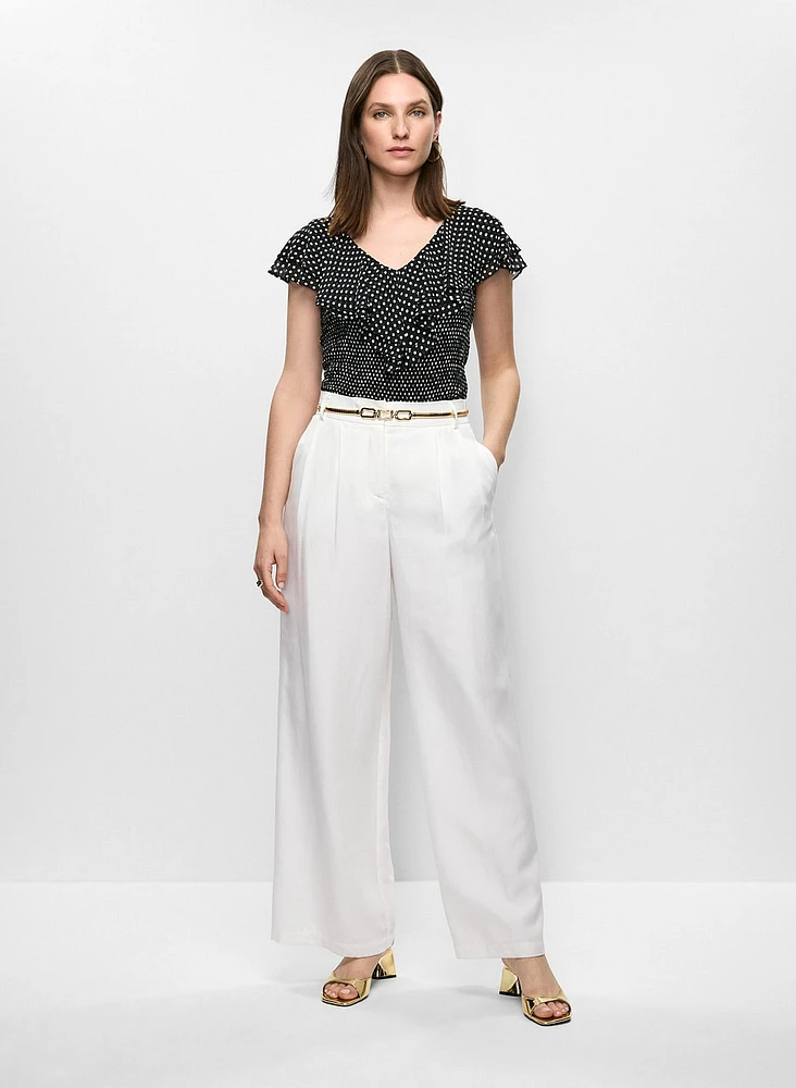 Ruffled Polka Dot Blouse & Linen-Tencel Blend Pants