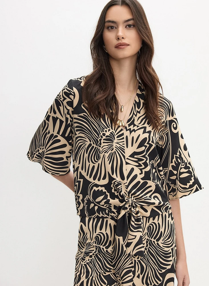 Graphic Floral Tied-Hem Top