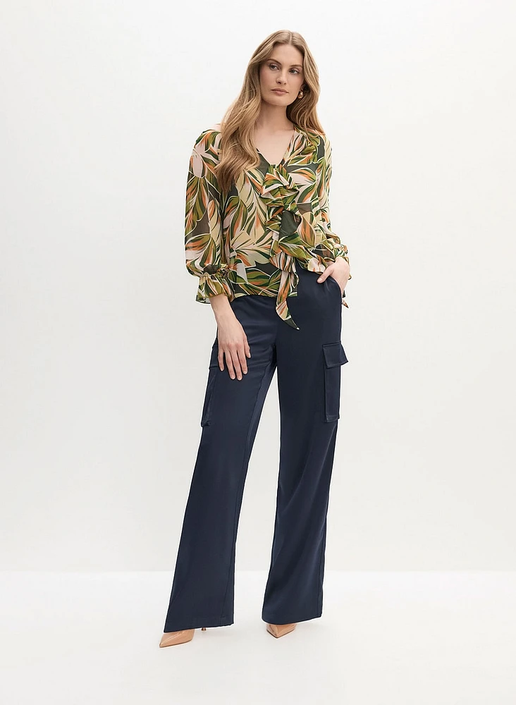 Ruffle Front Blouse & Satin Wide-Leg Cargo Pants