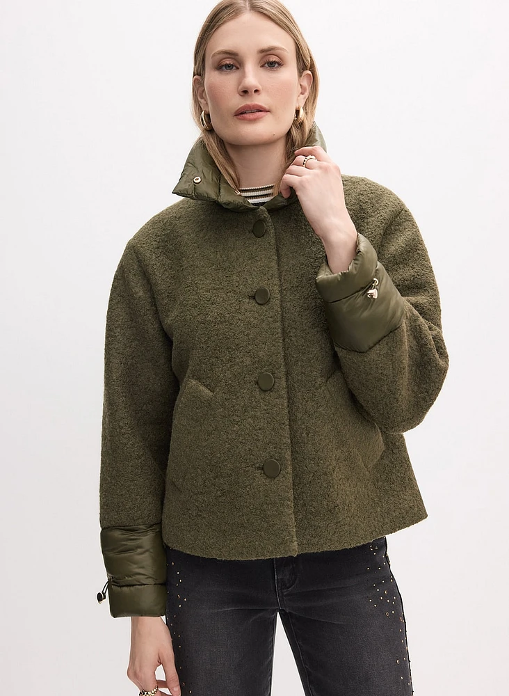 Mixed Puffer Detail Wool Coat