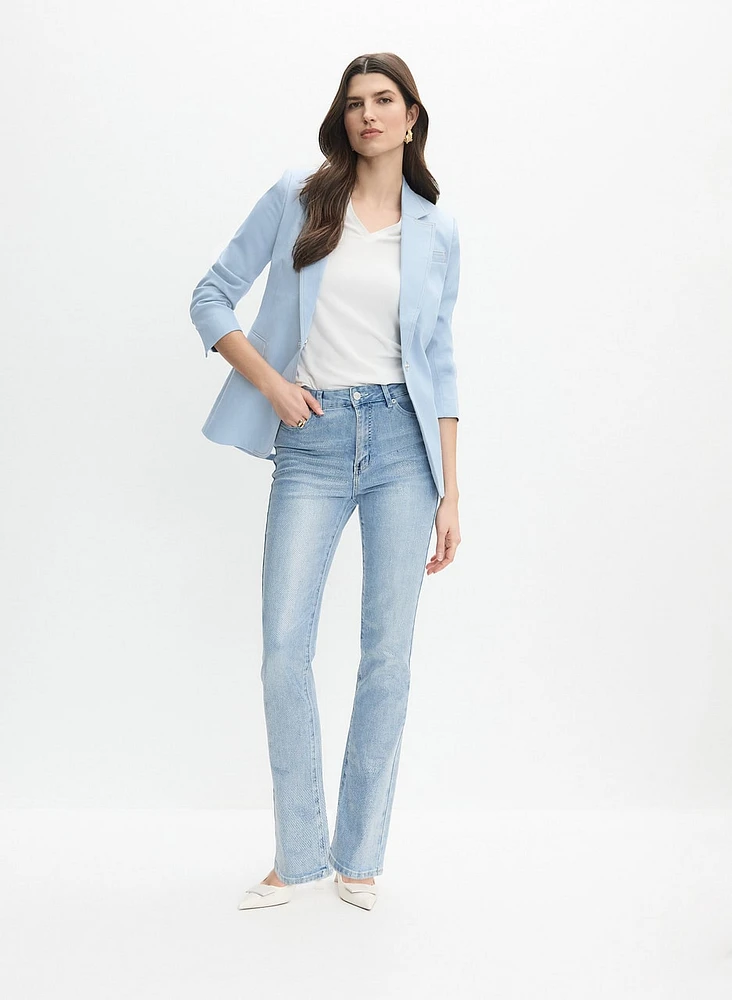 Blazer en denim à bouton bijou et jean à jambe droite à pois métalliques