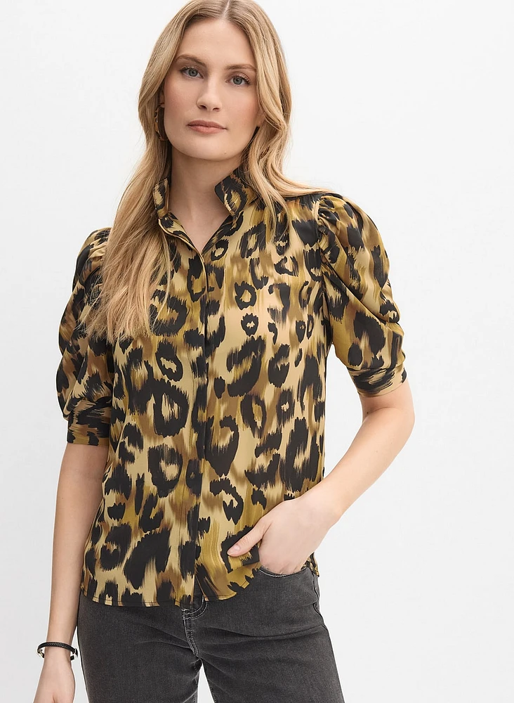 Blouse léopard à manches bouffantes