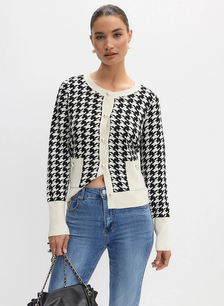 Contrast Houndstooth Print Cardigan