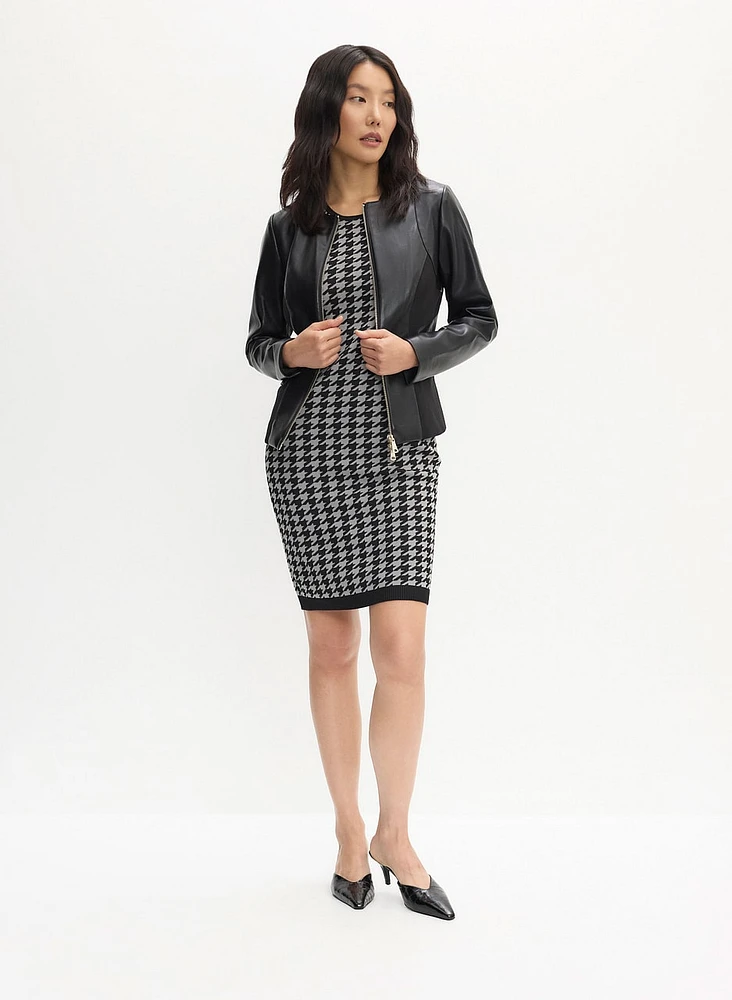 Vegan Leather Jacket & Houndstooth Print Dress