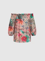 Mixed Print Off-Shoulder Blouse