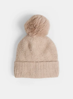 Faux Fur Removable Pompom Knit Hat