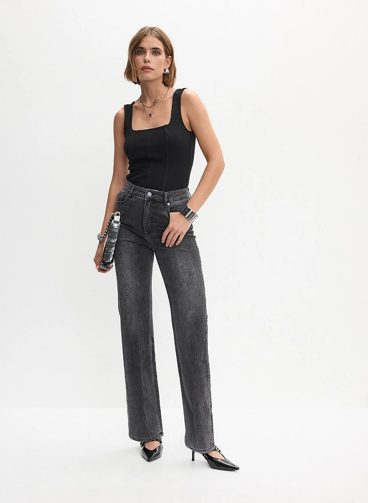 Rhinestone Embellished Wide Leg Jeans