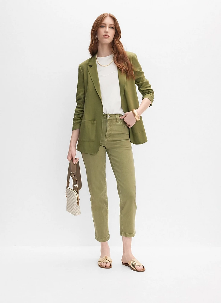 Blazer ouvert en mélange de lin et jean à jambe droite