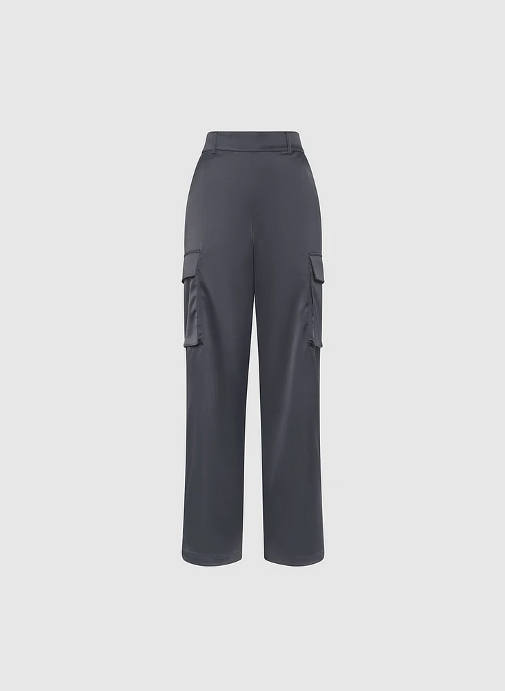 Satin Wide-Leg Cargo Pants