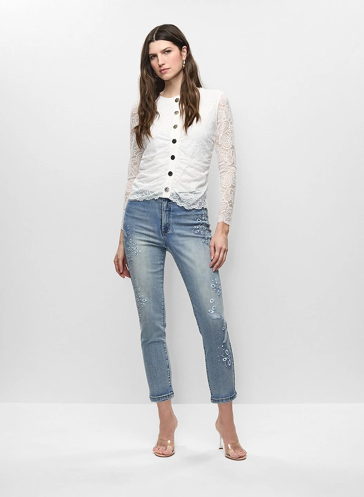 Floral Embroidered Light-Wash Jeans