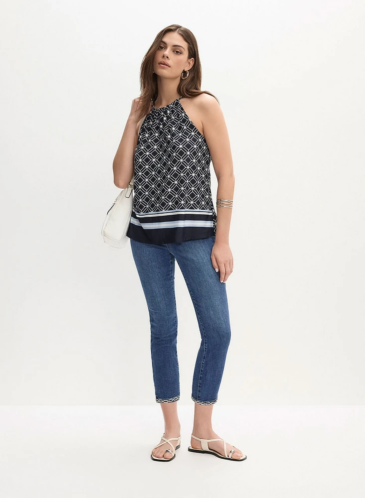 Sleeveless Mixed Print Top & Slim Leg Denim Capris