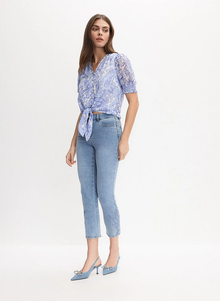 Tonal Embroidered Straight-Leg Jeans