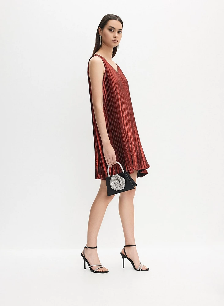 Metallic A-Line Plissé Dress