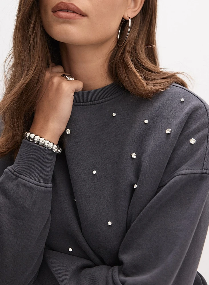 Rhinestone Embellished Cotton Sweatshirt