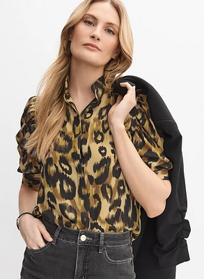 Blouse léopard à manches bouffantes