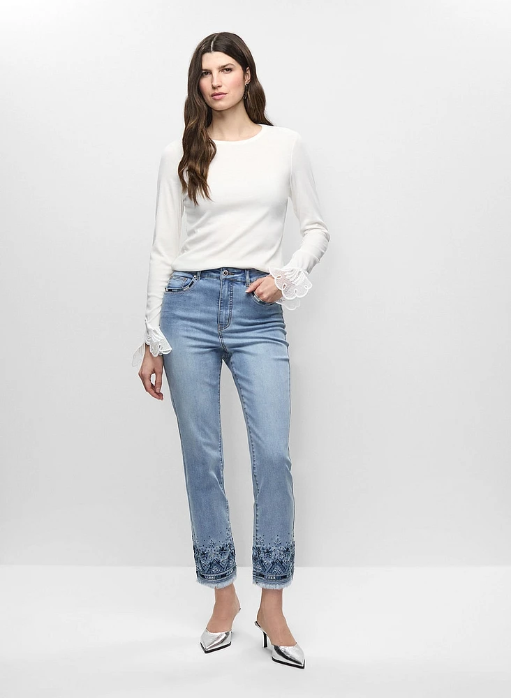 Embroidered Hem Cropped Jeans