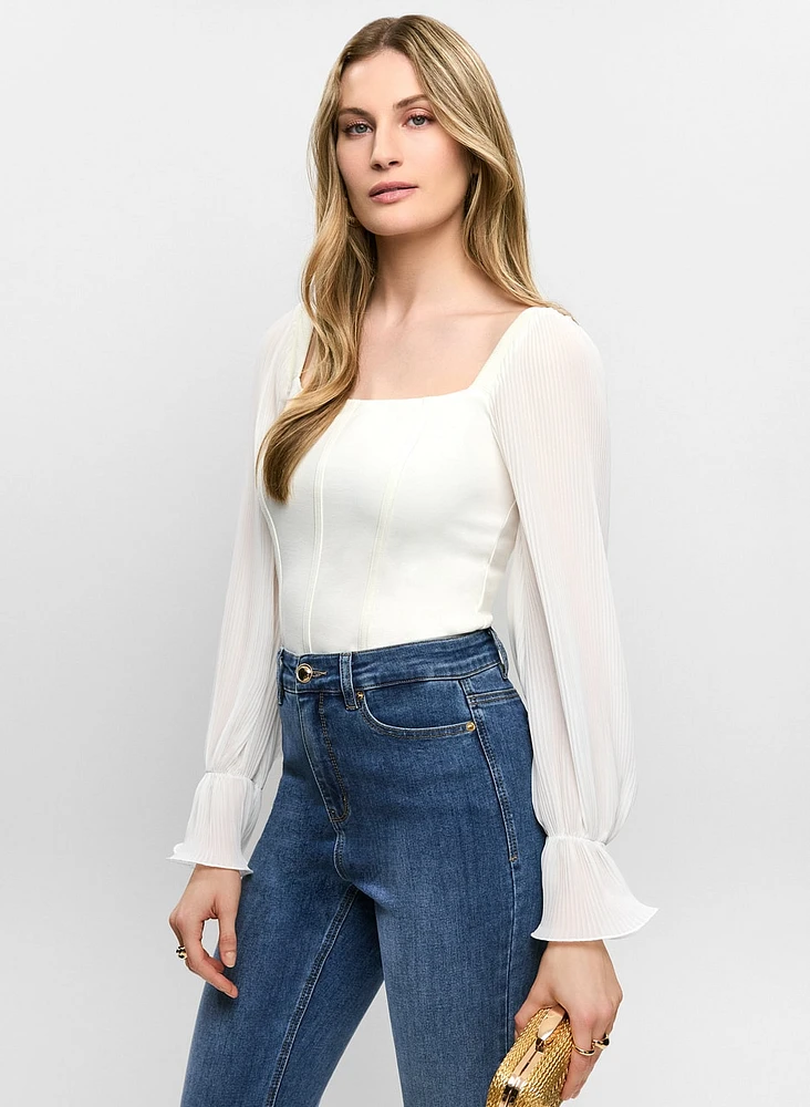 Square Neck Pleated Sleeve Top