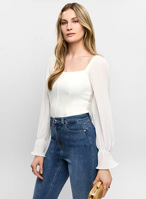 Square Neck Pleated Sleeve Top