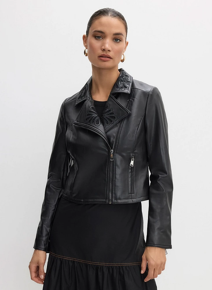 Embroidered Detail Vegan Leather Jacket