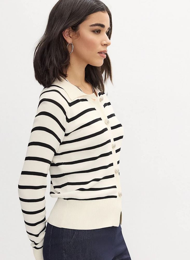 Striped Shirt Collar Cardigan