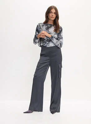 Floral Print Long Sleeve Top & Satin Wide-Leg Cargo Pants