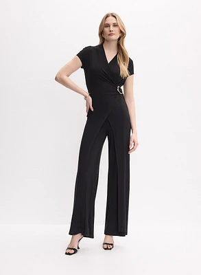 Brooch Embellished Wrap-Over Jumpsuit