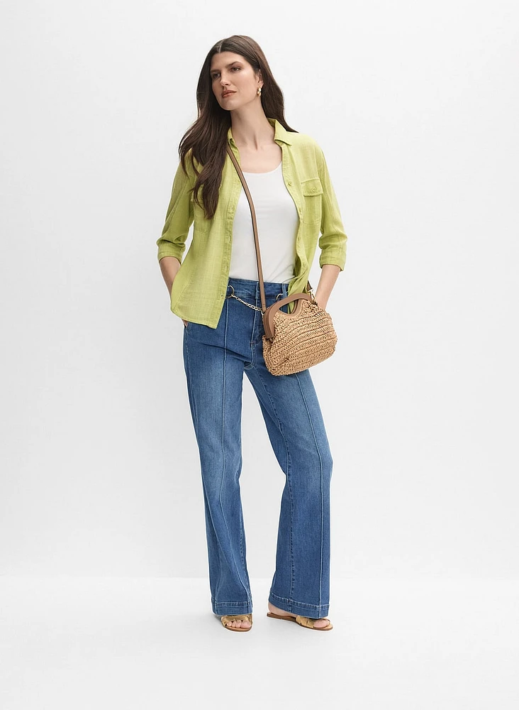 Linen-Blend Crosshatch Detail Blouse