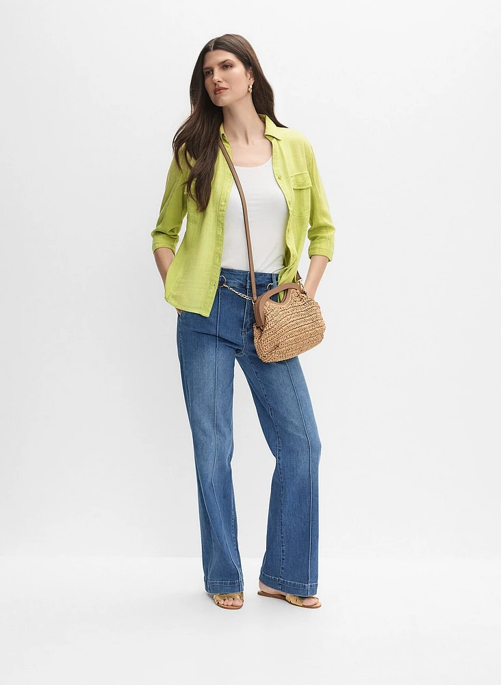 Linen-Blend Crosshatch Detail Blouse