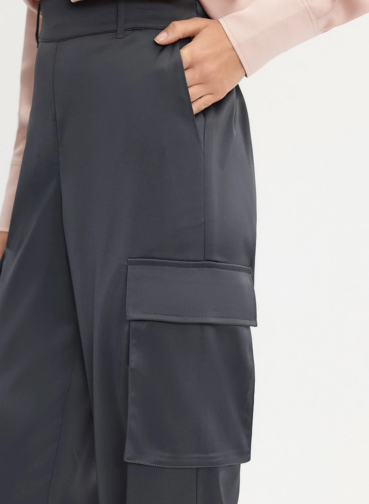 Satin Wide-Leg Cargo Pants