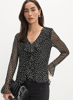 Dot Print Ruffle Front Top