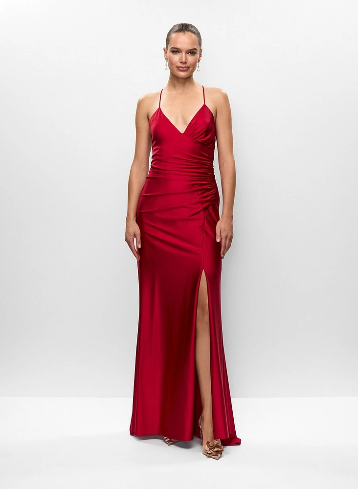 Ruched V-Neck High Slit Gown