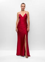 Ruched V-Neck High Slit Gown