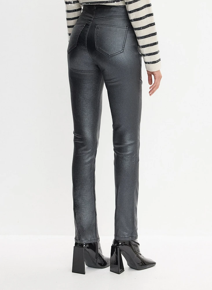 Coated Metallic Slim-Leg Pants