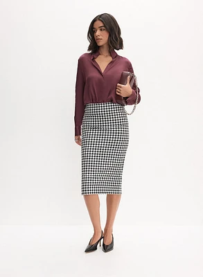 Button-Up Satin Blouse & Houndstooth Pencil Skirt