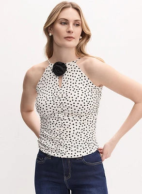 Rosette Embellished Dot Print Top